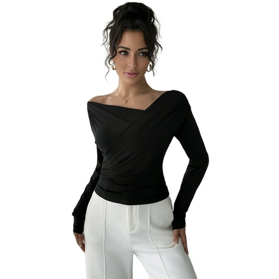 Women'S Off-the-Shoulder Tops, Fashionable Slim-Fit Long-Sleeved Spring and Autumn Nightclub Shirts Black XXL