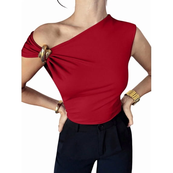 Women'S Off the Shoulder Tops Mental Elegant Asymmetrical Dressy Top Going Out Outfits Red L