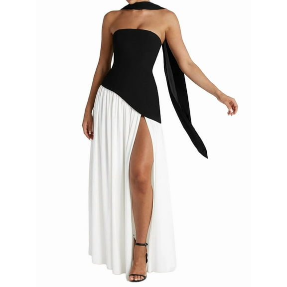 Women'S Off-the-Shoulder Tube Dress with Side Design, Suitable for Going Out Casual Elegant Club Party Long Dress Black & White S