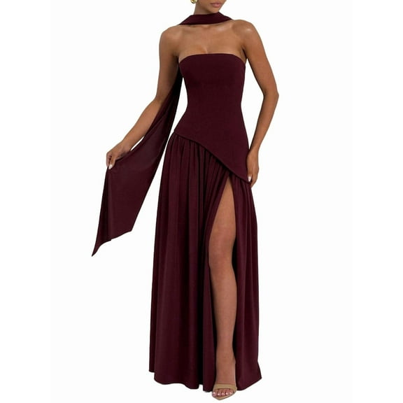 Women'S Off-the-Shoulder Tube Dress with Side Design, Suitable for Going Out Casual Elegant Club Party Long Dress Wine Red S