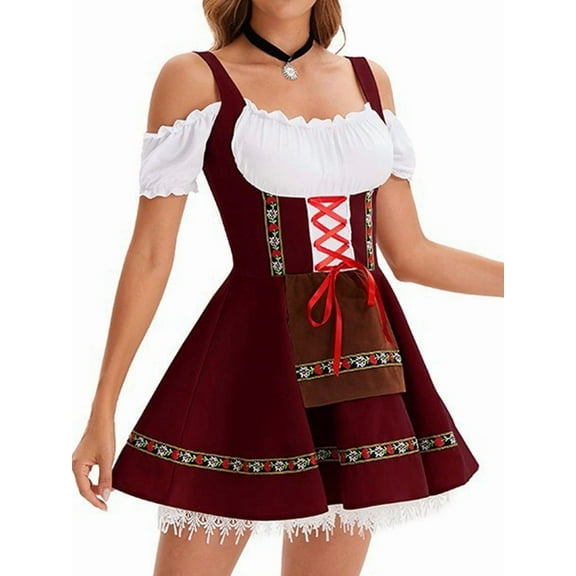 Women'S Oktoberfest Outfits Traditional German Bavarian Costumes Wine Red L