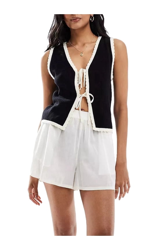 Women'S Old Money Tie Crochet Sweater Vest Contrast Binding Knot Front V Neck Knit Top Black L
