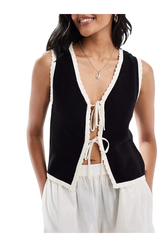 Women'S Old Money Tie Crochet Sweater Vest Contrast Binding Knot Front V Neck Knit Top Black M