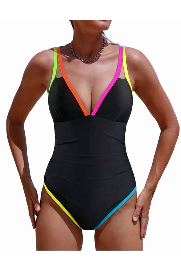 Women'S 2025 Tummy Control Swimsuits Neon Color Block Swimwear Deep V Neck Slimming Bathing Suit Black L