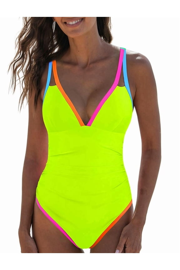 Women's Swimsuit Tummy Control Deep V Neck Neon Colorblock Swimwear Lemon Yellow S
