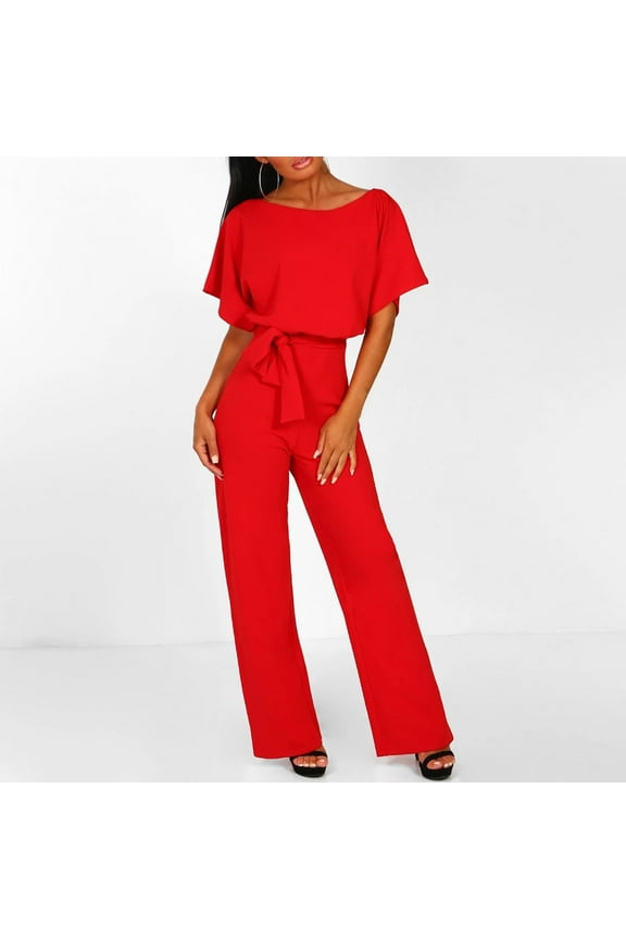 Women'S One Piece Button Up Jumpsuit Casual Loose Short Sleeve Round Neck Long Pants Rompers