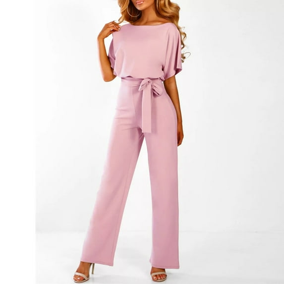 Women'S One Piece Button Up Jumpsuit Casual Loose Short Sleeve Round Neck Long Pants Rompers