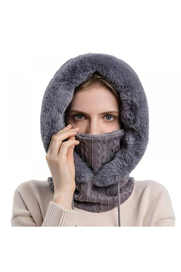 Women'S One Piece Loose Wool Beanie Scarf Face Mask Drawstring Warm Hooded Winter Balaclava Pullover Knitted Hat