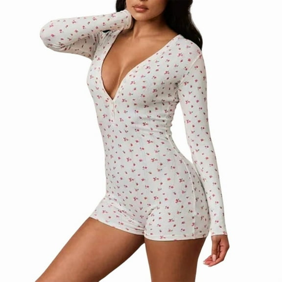 Women'S One-Piece Pajamas, Long Sleeves, V-Neck, Bodysuit, Sleepwear White M
