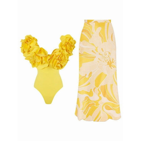 Women'S One-Piece Swimsuit Wrap Skirt Sarong Retro Floral Print Bikini Bathing Suit Yellow Suit M