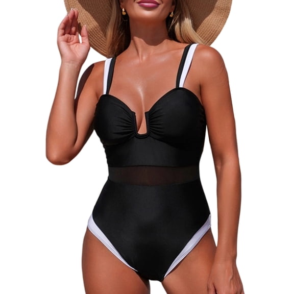Women'S One-Piece Swimsuit with Mesh Panels Spliced Design Bathing Suit Monokini Beachwear Black S