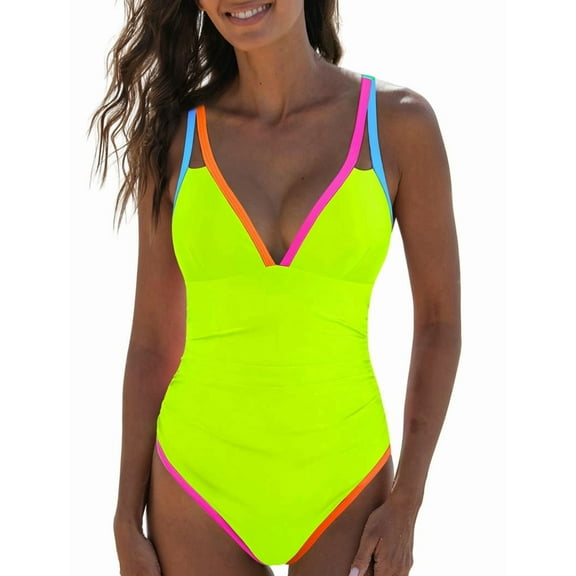 Women'S 2025 Tummy Control Swimsuits Neon Color Block Swimwear Deep V Neck Slimming Bathing Suit Lemon Yellow L