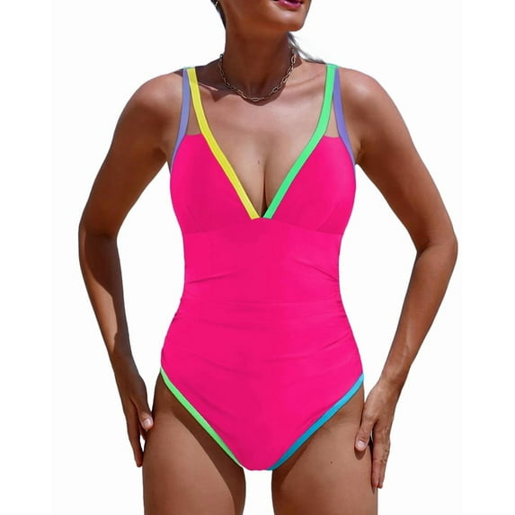 Women'S One Piece Tummy Control Swimsuits Neon Color Block Swimwear Deep V Neck Slimming Bathing Suit Rose Red XL
