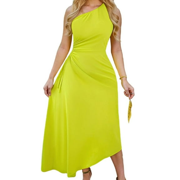Women'S One Shoulder Backless Wrap Hem Twist Ruched Summer Party Cocktail Midi Dress Yellow-Green L