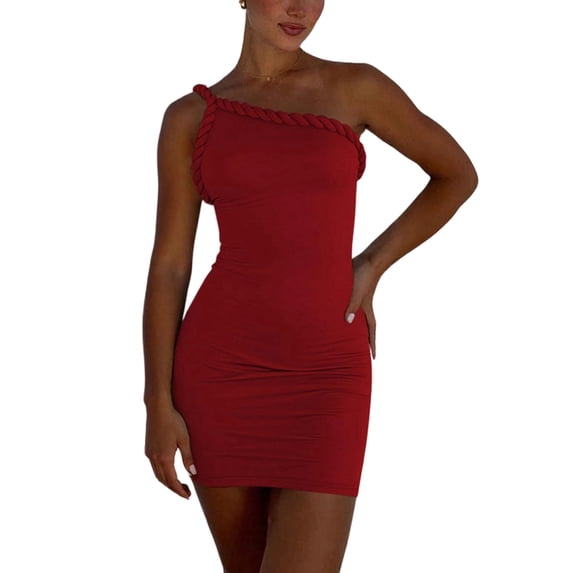 Women'S One Shoulder Bodycon Sleeveless Mini Cocktail Club Party Short Dresses Red S