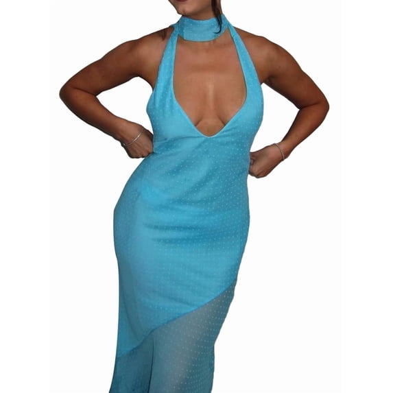 Women'S One Shoulder Halter Maxi Dress Elegant Ruffled O-Ring Sleeveless Evening Gown Long Cocktail Dress Blue S
