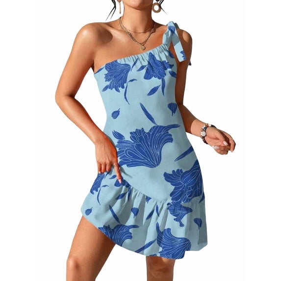 Women'S One Shoulder Leaf Print Self-Tie Short Dress Sleeveless Tiered Hem Formal Dress Blue L
