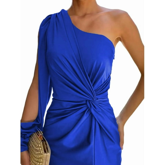 Women'S One Shoulder Long Sleeve High Split Cocktail Wedding Party Maxi Dress Blue XXXL