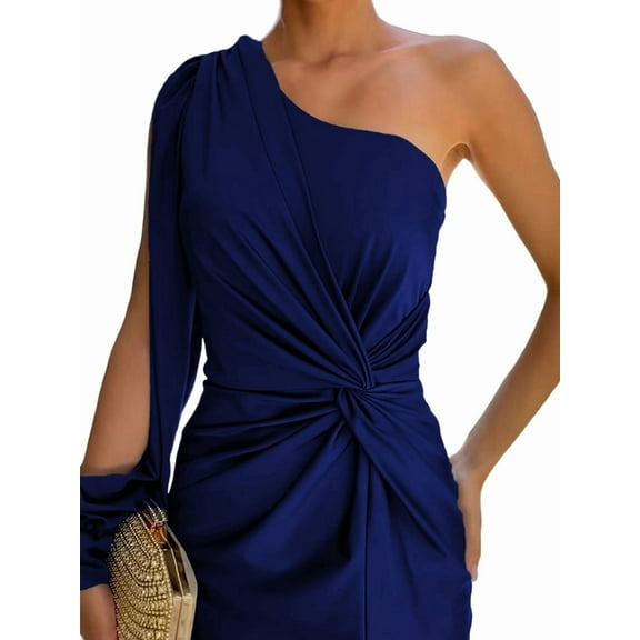 Women'S One Shoulder Long Sleeve High Split Cocktail Wedding Party Maxi Dress Dark Blue XL