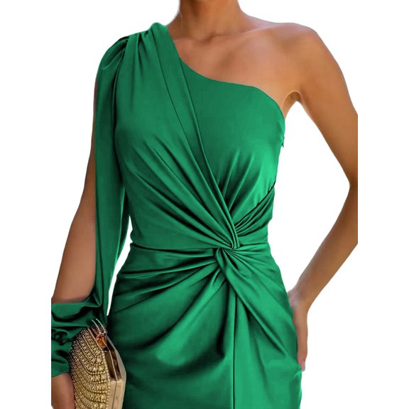 Women'S One Shoulder Long Sleeve High Split Cocktail Wedding Party Maxi Dress Fruit Green XXL