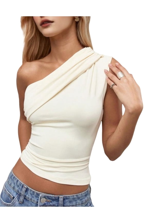 Women'S One Shoulder Ruched Tank Top Sleeveless Going Out Tops Clubbing Party Rice  Color M
