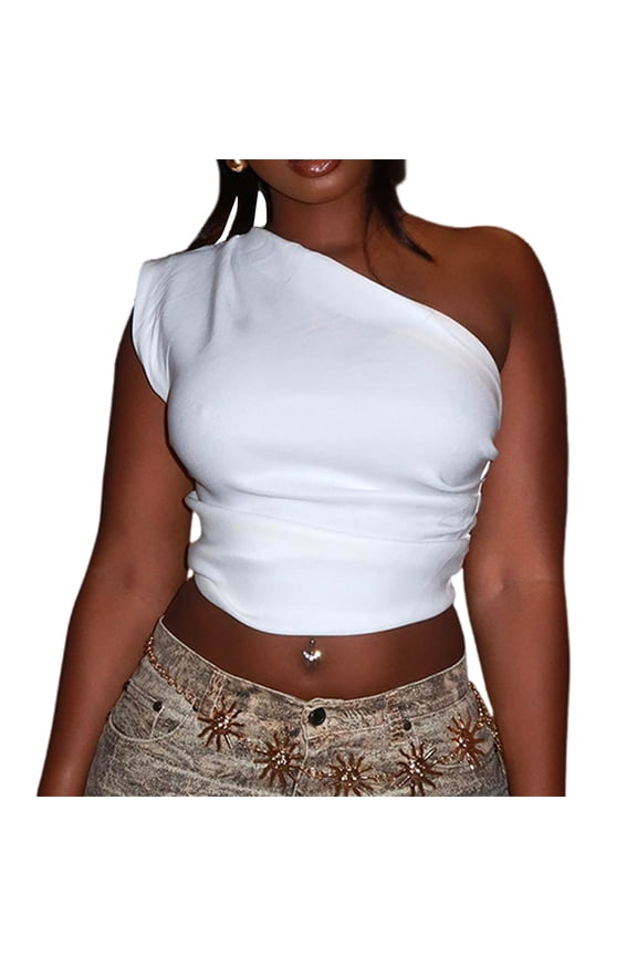 Women'S One Shoulder Sleeveless Ruched Ribbed Crop Top Backless Slim Fit Knit Tank Tees White M