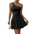 thumbnail image 1 of Women'S One Shoulder Smocked Shirred Tiered Ruffle Sleeveless A-Line Mini Dress Black L, 1 of 7