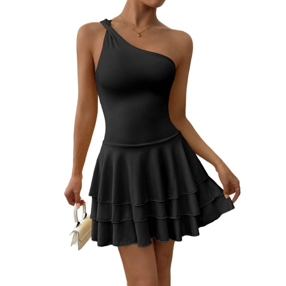 Women'S One Shoulder Smocked Shirred Tiered Ruffle Sleeveless A-Line Mini Dress Black S