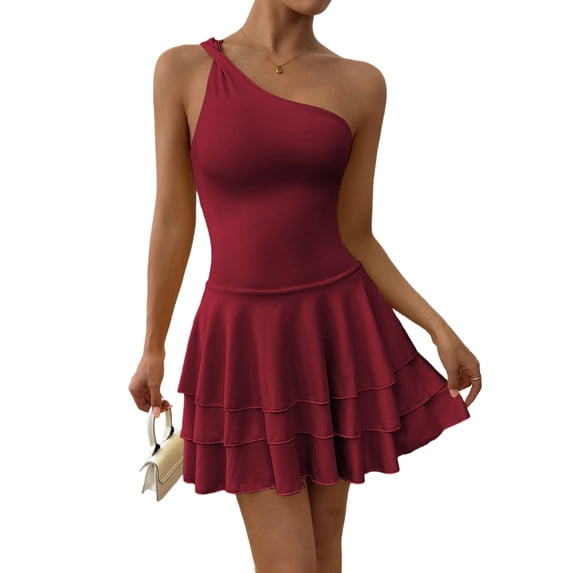 Women'S One Shoulder Smocked Shirred Tiered Ruffle Sleeveless A-Line Mini Dress Wine Red M