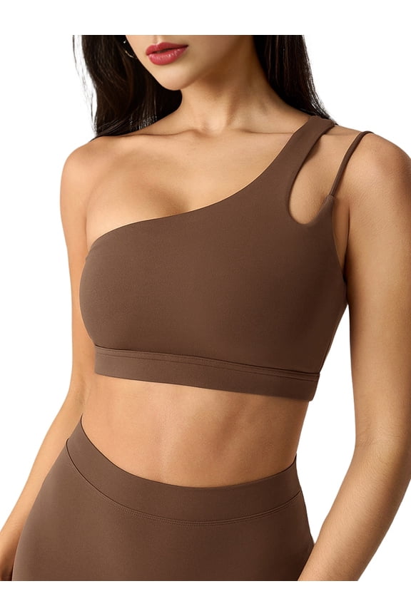Women'S One-Shoulder Sports Bra - Sleeveless One Strap Low Asymmetrical Workout Yoga Tops Jiaocha Coffee S