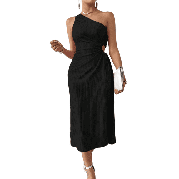 Women'S One Shoulder Sundress Cut Out High Split Sleeveless Midi Summer Dress Black S