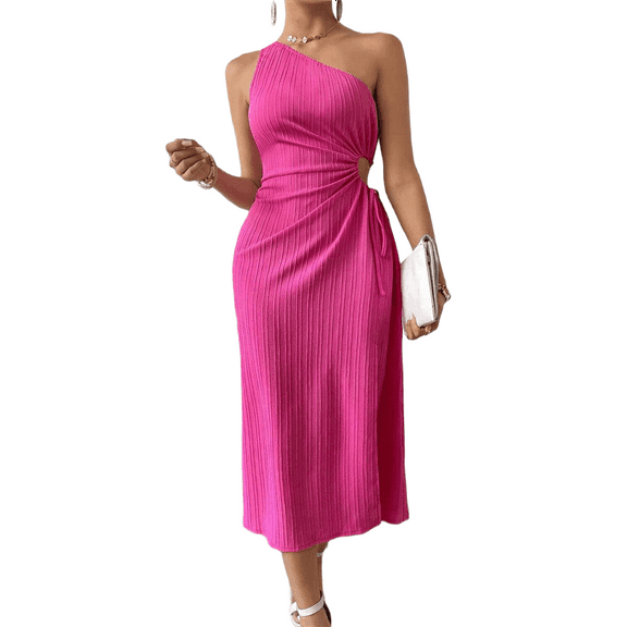 Women'S One Shoulder Sundress Cut Out High Split Sleeveless Midi Summer Dress Rose Red XL