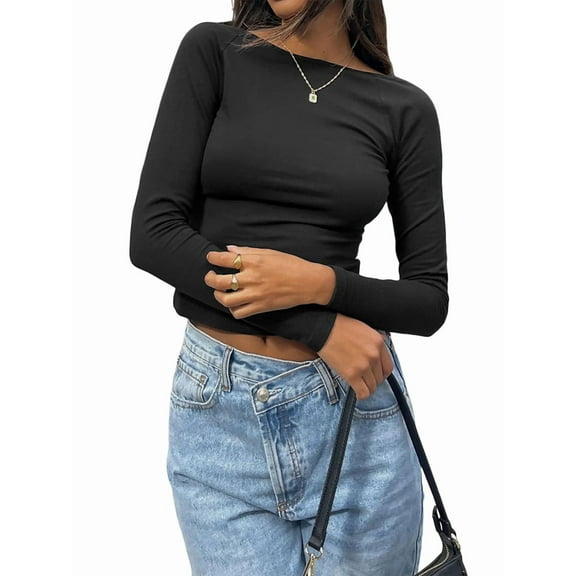 Women'S Open Back Long Sleeve Slim Crew Neck T-Shirt Y2K Crop Top Solid Color Casual Retro Fashion T-Shirt Black S