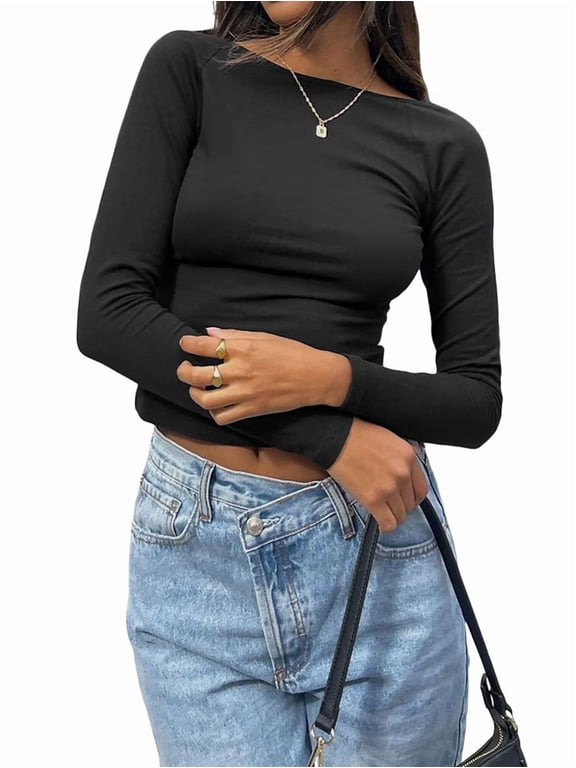 Women'S Open Back Long Sleeve Slim Crew Neck T-Shirt Y2K Crop Top Solid Color Casual Retro Fashion T-Shirt Black S