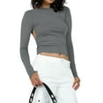 thumbnail image 1 of Women'S Open Back Long Sleeve Slim Crew Neck T-Shirt Y2K Crop Top Solid Color Casual Retro Fashion T-Shirt Dark Gray M, 1 of 8