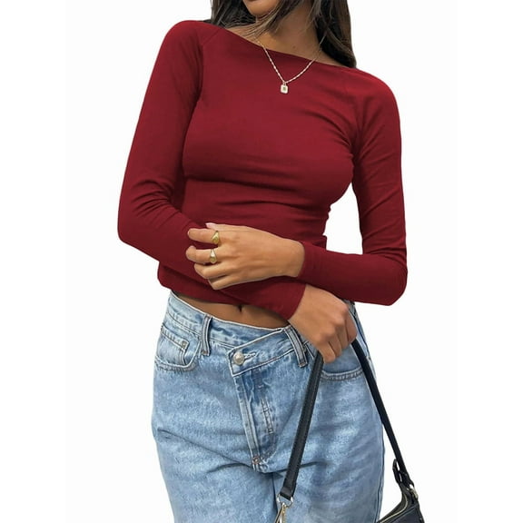Women'S Open Back Long Sleeve Slim Crew Neck T-Shirt Y2K Crop Top Solid Color Casual Retro Fashion T-Shirt Wine Red L