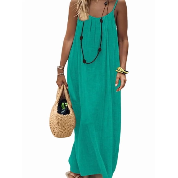 Women'S Open Back Spaghetti Strap Beach Maxi Dress Loose Flowy Vacation Sundress Emerald Green L