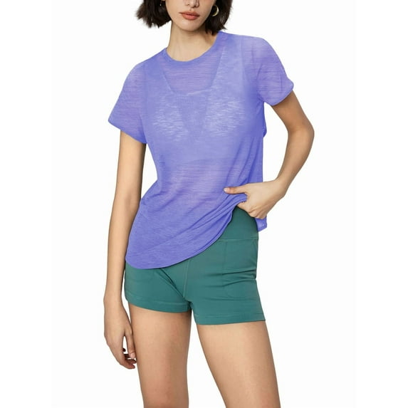 Women'S Open Back Sports Ultralight Sheer Quick-Drying Sports T-Shirt Yoga Running Layering Top Deep Purple XL
