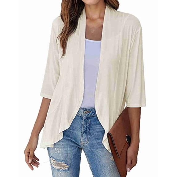 Women'S Open Front Cardigan 3/4 Sleeve Draped Soft Knit Sweaters Apricot S