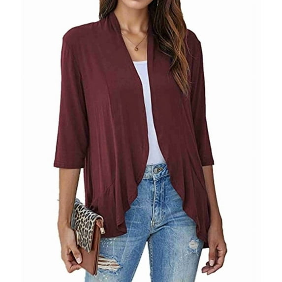 Women'S Open Front Cardigan 3/4 Sleeve Draped Soft Knit Sweaters Claret XXL