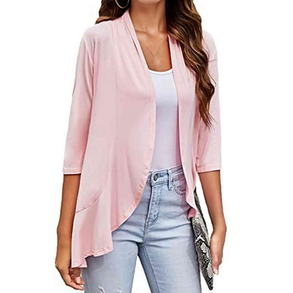 Women'S Open Front Cardigan 3/4 Sleeve Draped Soft Knit Sweaters Pink XXL