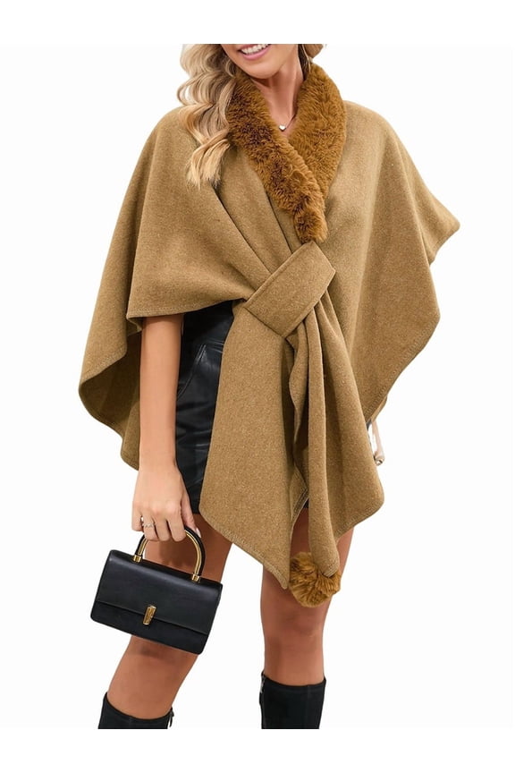 Women'S Open/ Front Cardigan Solid Color Poncho Cape Plus Size Knit Wraps for Fall Winter Camel Color One size