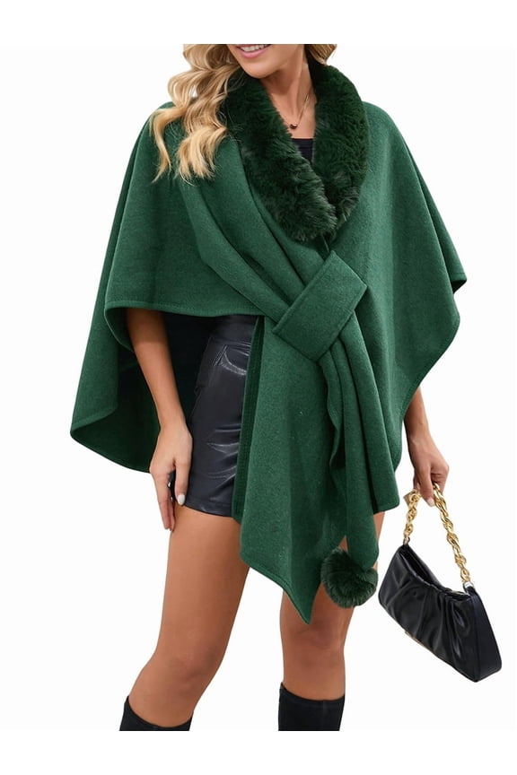 Women'S Open/ Front Cardigan Solid Color Poncho Cape Plus Size Knit Wraps for Fall Winter Dark Green One size