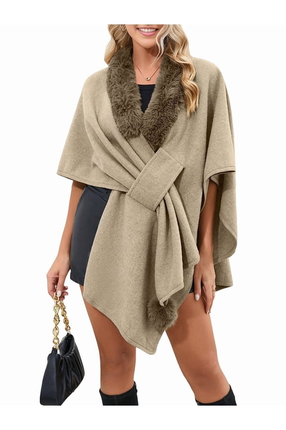 Women'S Open/ Front Cardigan Solid Color Poncho Cape Plus Size Knit Wraps for Fall Winter Khaki One size