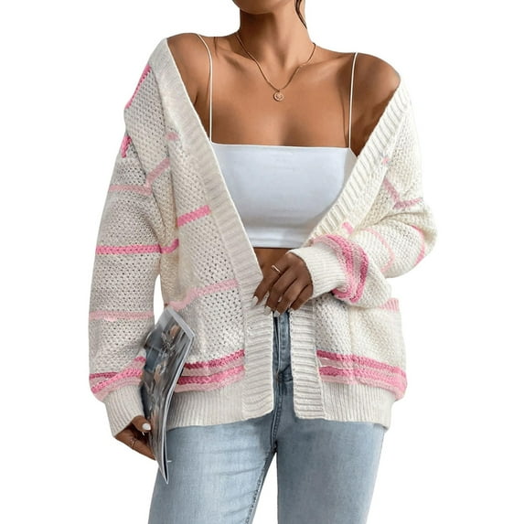 Women'S Open Front Colorful Striped Drop Shoulder Oversized Cardigan Sweater Pink M