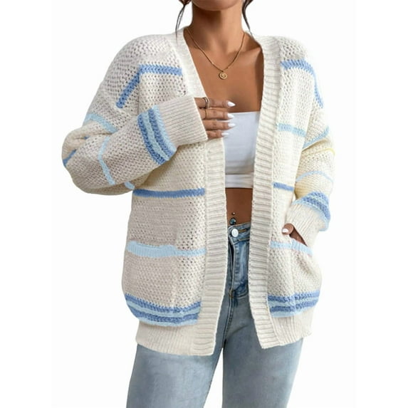 Women'S Open Front Colorful Striped Drop Shoulder Oversized Cardigan Sweater Sky Blue M
