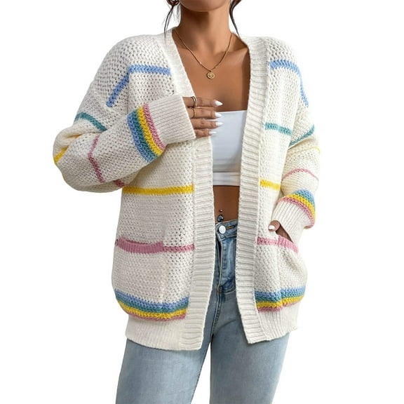 Women'S Open Front Colorful Striped Drop Shoulder Oversized Cardigan Sweater XL