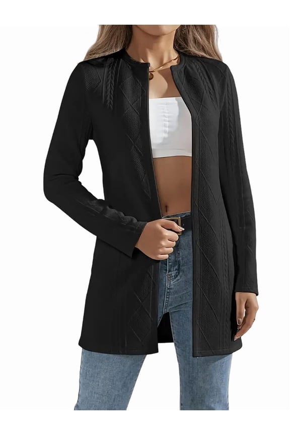 Women'S Open Front Jacket Elegant Crew Neck Long Sleeve Dressy Casual Jackets Outerwear Black L