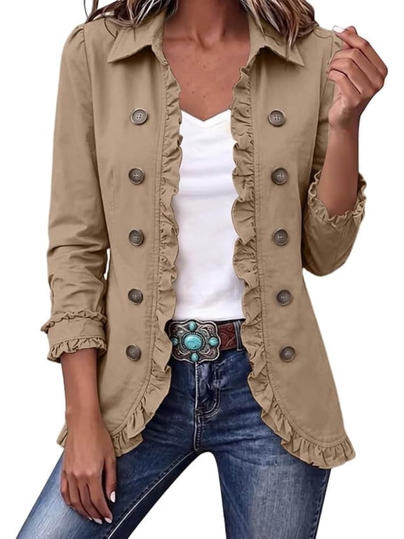 Women'S Open Front Jackets Ruffle Peplum Lapel Jacket Long Sleeve Outwear