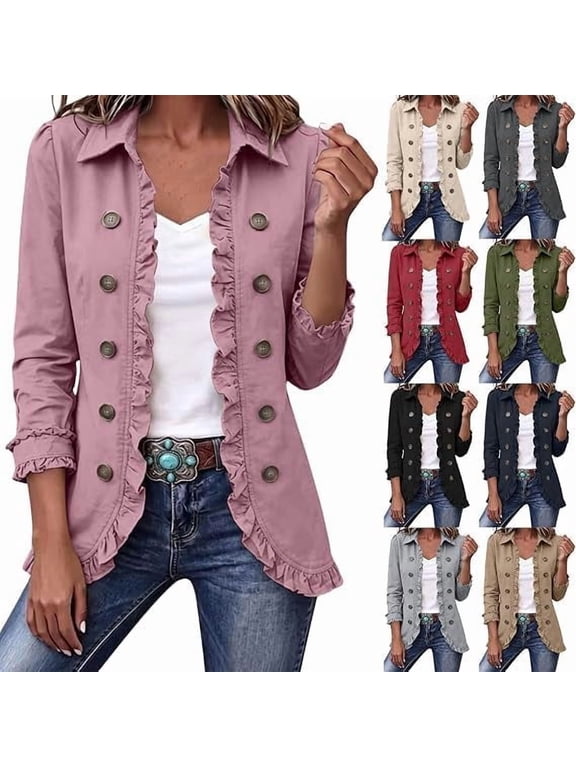 Women'S Open Front Jackets Ruffle Peplum Lapel Jacket Long Sleeve Outwear